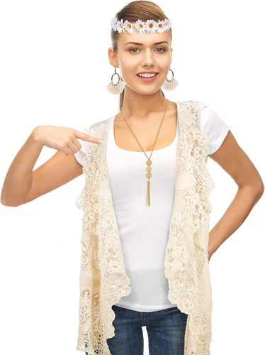 Vista 7 de WILLBOND Conjunto de 4 piezas de disfraz hippie bohemio para mujer, cárdigan de punto abierto, chaleco de ganchillo