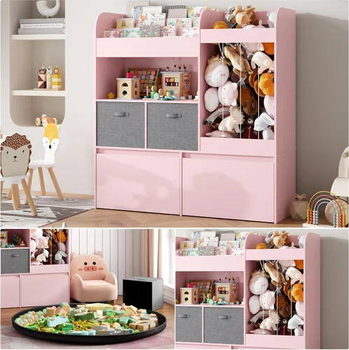 Vista 6 de Soporte para animales de peluche, estantería para niños con tapete de juego, almacenamiento de juguetes de madera con 2 cajones móviles y estantería