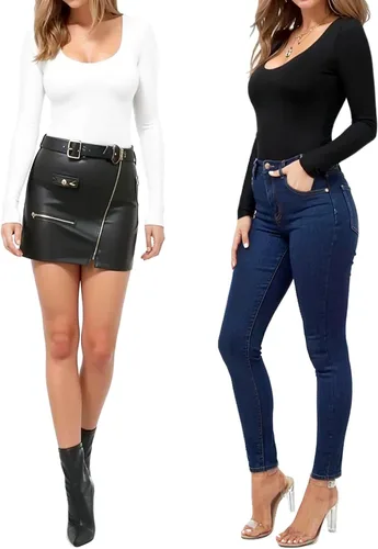 Vista 4 de MANGOPOP Body de manga larga para mujer, cuello redondo, acanalado, elástico, camiseta básica