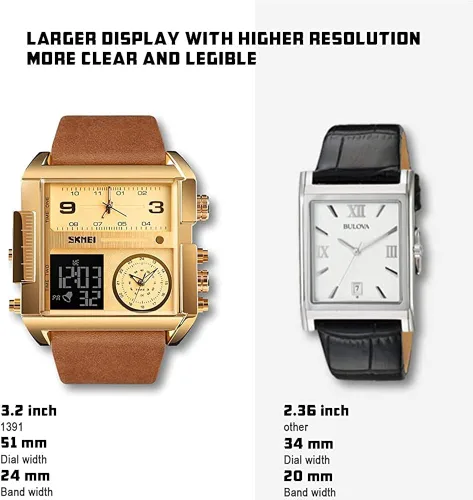 Vista 3 de SKMEI Relojes cuadrados para hombre, retroiluminación LED, pantalla grande, zona multihoraria, impermeable, analógico, reloj deportivo digital