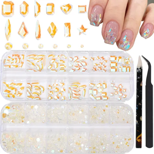 Vista 17 de Diamantes de imitación para uñas, tamaño 3D multiforma, gemas y dijes de cristal AB para uñas, parte trasera plana, con kit para arte de uñas