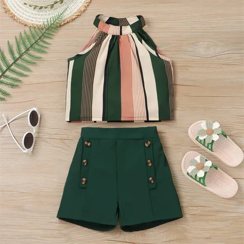 Vista 2 de Conjunto de pantalones cortos sin mangas a rayas coloridas para niñas y niñas pequeñas