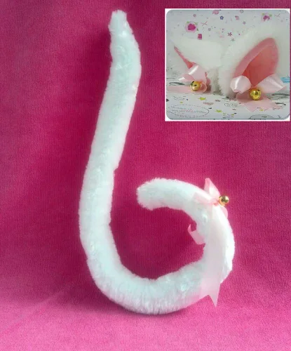 Vista 2 de Anime Cosplay - Orejas de gato con clips para el cabello + cola con campanita, Negro