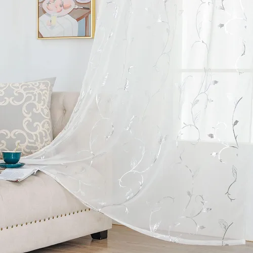 Vista 7 de BUHUA Juego de 2 paneles de cortinas traslúcidas blancas de 96 pulgadas de largo, cortinas de gasa con ojales, estampado de vid plateada, decoración
