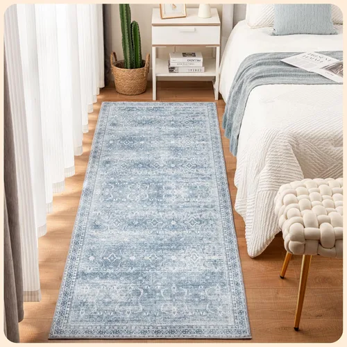 Vista 358 de Istana Alfombra larga antideslizante de 2.5 x 8 para el hogar, para pasillo y cocina, lavable, sedosa y suave al tacto, elegante, color azul y marfil