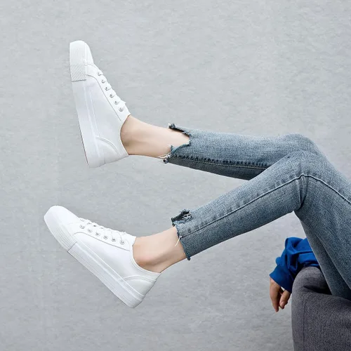 Vista 6 de Tenis de plataforma blanca para mujer, zapatos de tenis con plataforma negra, zapatos casuales con cordones, zapatos planos de lona para caminar