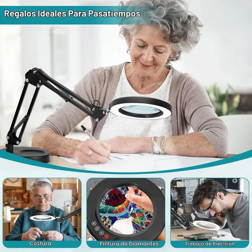Vista 7 de Lámpara de lupa de 10 aumentos con luz y soporte, lámpara de escritorio y abrazadera 2 en 1, Seylae con 5 modos de color, lupa iluminada LED