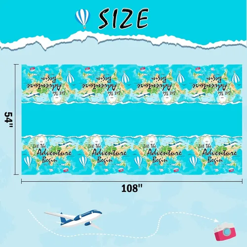Vista 3 de WERNNSAI Mantel de viaje – 1 mantel de 108 x 54 pulgadas con mapa del mundo Adventure World Awaits Bon Voyage - Decoraciones de fiesta