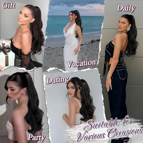 Vista 6 de BARSDAR Extensión de cola de caballo con cordón ondulado negro y marrón – 20 pulgadas con clip de cordón para mujer, extensiones de cabello Negro