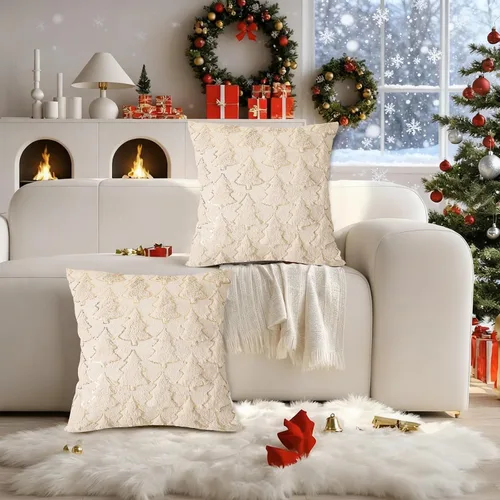 Vista 3 de Juego de 2 fundas de almohada de Navidad de 18 x 18 pulgadas, fundas de almohada beige con patrón de árbol de Navidad, fundas de cojín de piel