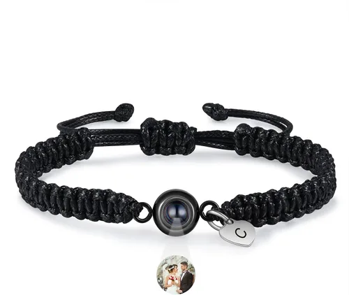 Vista 17 de Pulsera con inicial personalizada con imagen en el interior, cuerda de proyección de fotos personalizada para hombres y mujeres, regalo
