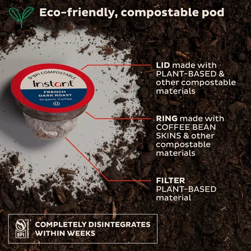 Vista 3 de Cápsulas de café compostables instantáneas, 30 cápsulas de café a base de plantas, de los fabricantes de Instant Pot, ecológicas, USDA Organic