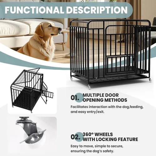 Vista 8 de Jaula resistente de 42 pulgadas para perros extragrandes, de acero a prueba de escapes, con ruedas bloqueables y puertas dobles, jaula XXL