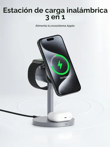 Vista 2 de MagFusion - Estación de carga 3 en 1 compatible con MagSafe, soporte de cargador inalámbrico magnético de 15 W, certificado Qi2, para iPhone