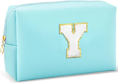 Vista 23 de URSKYTOUS Regalos para niñas, bolsa de maquillaje con inicial, bolsa de cosméticos personalizada con cremallera, bonita bolsa de aseo de viaje, Azul