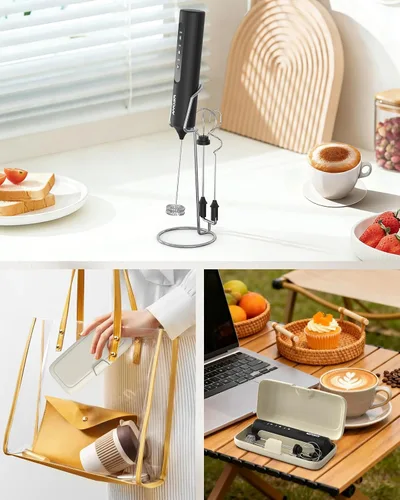 Vista 6 de AMOSA Espumador de leche de mano con soporte, espumador recargable con 3 velocidades y 3 cabezales, espumador de viaje con funda, mezclador de café