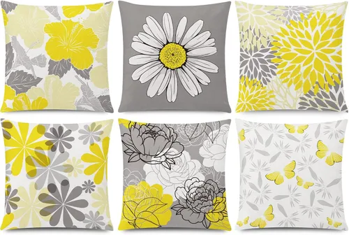 Vista 26 de COMMINY Juego de 6 fundas de almohada decorativas de 16 x 16 pulgadas / 16.0 x 16.0 in., diseño de margaritas y margaritas para sofá, moderna funda