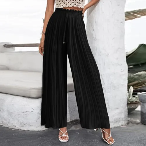 Vista 5 de YOLAI Pantalones palazzo de pierna ancha para mujer, pantalones casuales de cintura alta, plisados, holgados, con cordón