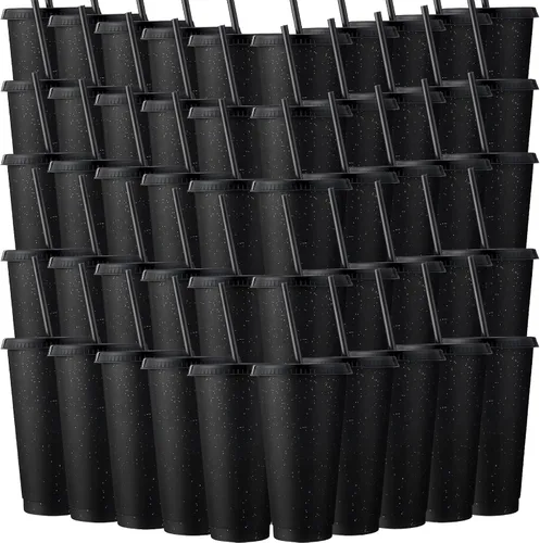 Vista 24 de Honeydak Paquete de 60 vasos con popote y tapa, vasos a granel para regalos, tazas de café de plástico con purpurina de 24 a 27 onzas, botella