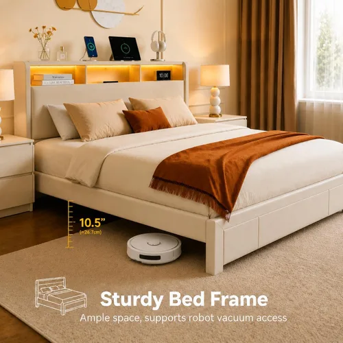 Vista 3 de Tufted Bed Frame with Headboard Shelves, Charging Station, LED Lights, Large Underbed Storage Drawer, No Box Spring Needed (Beige, Full)