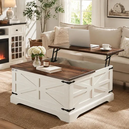 Vista 8 de Farmhouse - Mesa auxiliar cuadrada elevable con gran almacenamiento de 36 pulgadas Mesa de sala de estar de madera con compartimento oculto