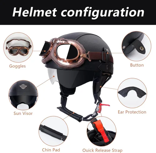 Vista 3 de Casco de motocicleta de cuero de estilo alemán, aprobado por DOT, casco vintage de media cara con gafas y visera oculta, media carcasa