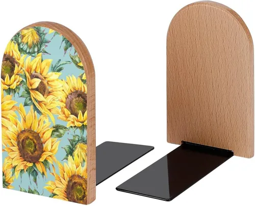 Vista 2 de Sujetalibros decorativos de madera con diseño de girasol amarillo acuarela para estantes, habitación de los niños, escritorio en casa, oficina