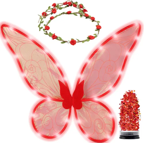 Vista 9 de Disfraz de hada Funcredible para mujeres y niñas - Alas de hada con luz y corona de flores, brillo - Alas de mariposa Negro
