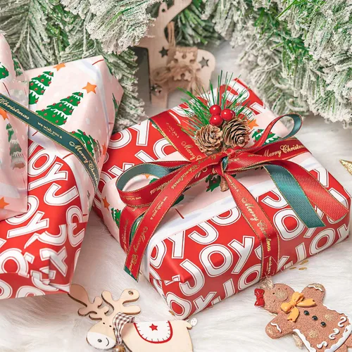 Vista 4 de WRAPAHOLIC - Papel de regalo de Navidad reversible, minirollo, 17 pulgadas x 33 pies, diseño de árbol de Navidad con letras “joy”, perfecto
