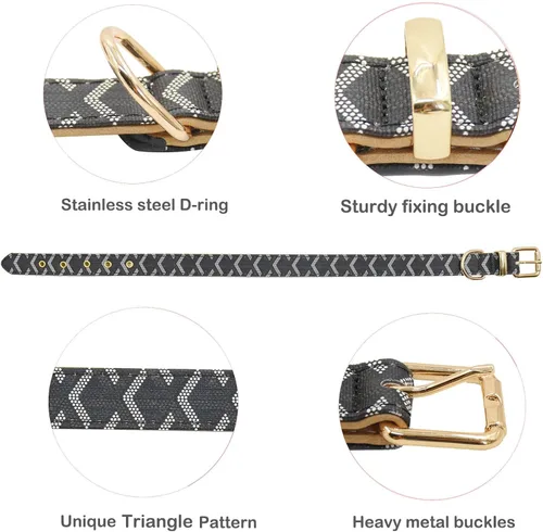 Vista 2 de Juego de collar y correa de cuero para perro, correas de collar de perro con patrón de cuadros, hebilla de metal ajustable y duradera para perros