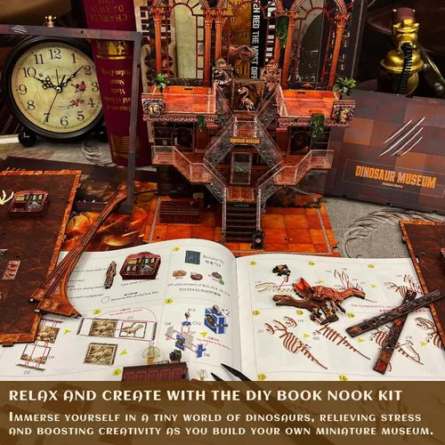 Vista 4 de Kit de Rincón de Libros para Adultos - Museo de Dinosaurios DIY Booknook, Rompecabezas de Casa de Muñecas de Madera 3D con Luces LED, Decoración