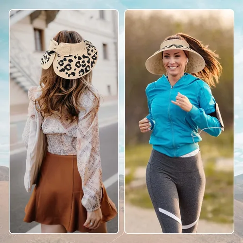 Vista 3 de Sombrero de paja con protección UV, visera de playa, sombrero de ala ancha, estampado de leopardo, enrollable, plegable para mujer