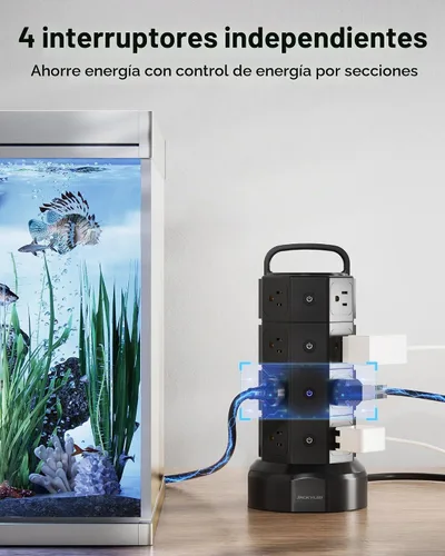 Vista 4 de Regleta de alimentación con protector de sobretensión de torre, JACKYLED 16 tomas 6 USB (2 USB C) estación de carga, cable de extensión con Negro