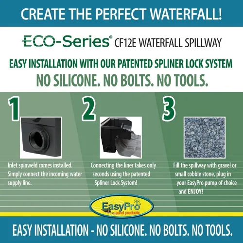 Vista 3 de EasyPro Pond Products El derrame de cascada CF12E Eco-Series de 12 pulgadas es ideal para las características de agua Just-A-Falls. Conecta