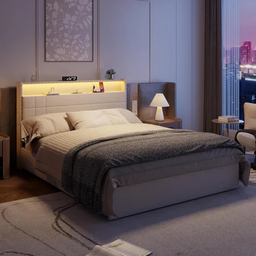 Vista 4 de Forestell Base de cama Queen con 4 cajones y cabecera de almacenamiento, base de cama tapizada tamaño Queen con luces LED y estación de carga Beige