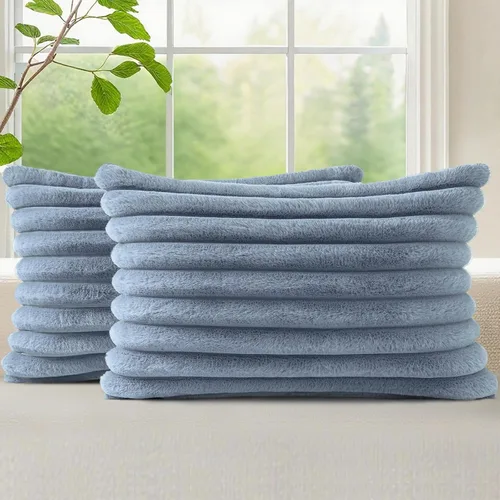 Vista 35 de decorUhome Fundas de almohada de piel sintética, juego de 2, decorativas, afelpadas, suaves, afelpadas, a rayas, parte posterior de terciopelo