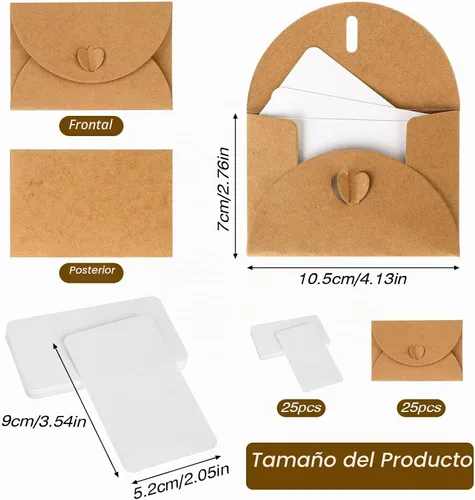 Vista 2 de Mini sobres con tarjetas en blanco de 4.1 x 2.8 pulgadas, portadores de tarjetas de regalo de papel kraft, bonitos sobres pequeños con cierre