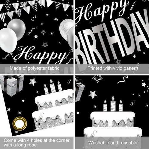 Vista 6 de Cartel de feliz cumpleaños negro y blanco plateado para hombres y mujeres, cubierta de puerta de feliz cumpleaños, suministros de fiesta, póster