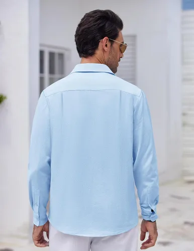 Vista 5 de COOFANDY Camisa cubana de lino guayabera con botones y manga larga para hombre