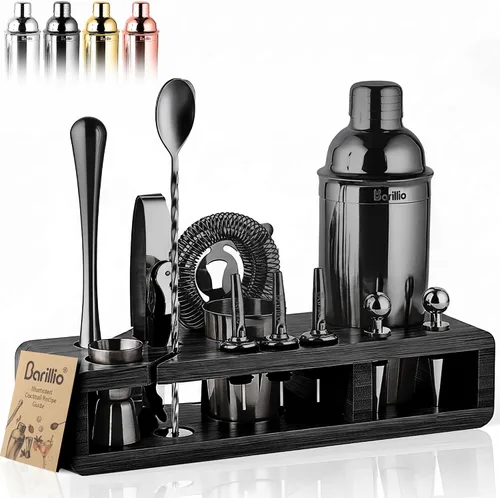 Vista 7 de Barillio Black Bartender Kit – Juego de coctelera de acero inoxidable con soporte de bambú – Herramientas de barra de mixología con coctelera
