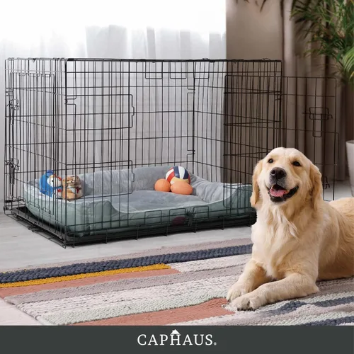 Vista 8 de CAPHAUS Perrera plegable de alambre de metal para perros con bandeja a prueba de fugas y patas protectoras y panel divisor, puerta individual