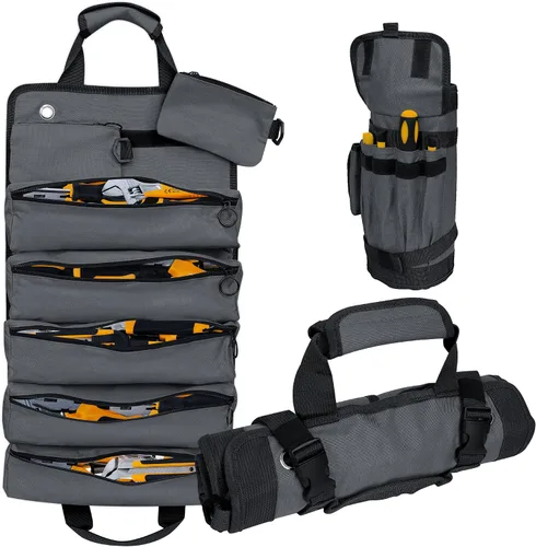 Vista 9 de Bolsa plegable portátil para herramientas, bolsa organizadora de herramientas resistente con 5 compartimentos y 2 bolsas desmontables para Verde
