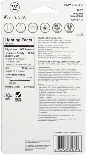 Vista 4 de Westinghouse Lighting 4513600 - Bombilla LED A15 equivalente a 60 W, color blanco suave, con base media, 1 unidad (paquete de 1), paquete individual
