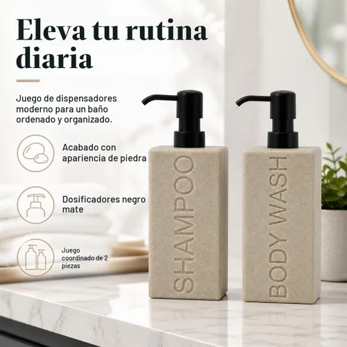 Vista 4 de dispensador rectangular de resina premium para cuarto de baño, para champú, acondicionador, loción corporal, diseño moderno recargable con bomba