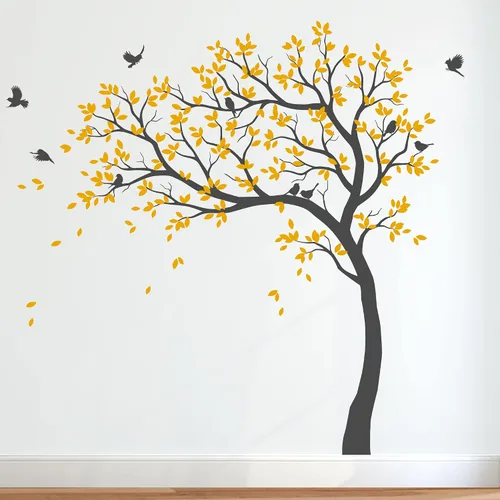 Vista 4 de Calcomanías de pared para árbol grande, calcomanías de árbol inclinado con pájaros, mural de vinilo decorativo KW032