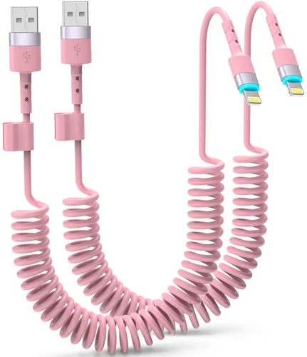 Vista 9 de Cable Lightning en espiral, 2 unidades, 3 pies, cable iPhone para automóvil, Apple CarPlay [certificado MFi], carga corta USB a Lightning compatible