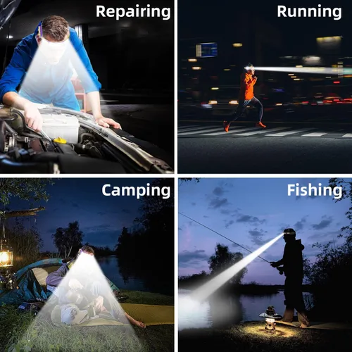 Vista 6 de Linterna frontal LED, lámpara frontal recargable por USB, haz ancho de 230°, con sensor de movimiento, linterna impermeable súper brillante