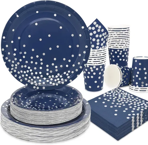 Vista 15 de Juego de 350 platos de papel floral, platos desechables con borde dorado para 50 invitados, suministros de fiesta para adultos, jardín, fiesta