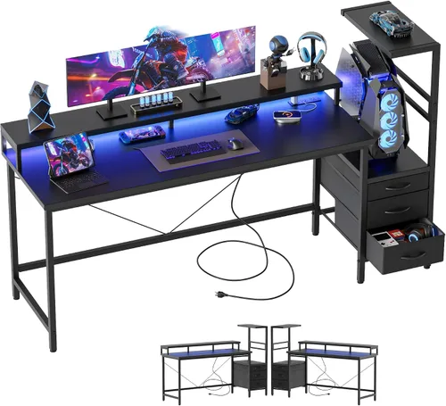 Vista 17 de Mericonia Escritorio para juegos con tomas de corriente y luces LED, escritorio reversible para computadora con soporte para caja de PC, cajones