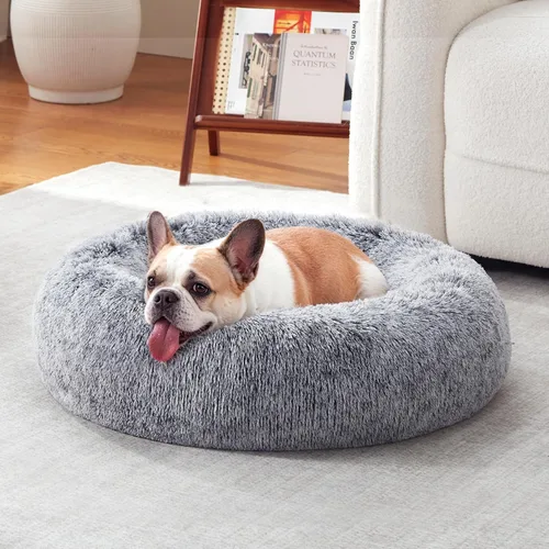 Vista 10 de Cama para perros en forma de dona, tamaño mediano, camas redondas para perros y gatos pequeños y medianos con piel sintética esponjosa lavable, cama
